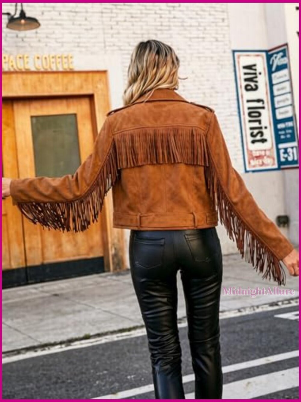 Short Faux Leather Moto Jacket with Tassel Trim and Belt - Picture 3 of 7